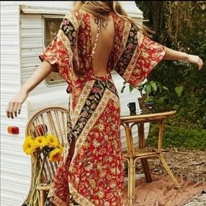 festival floral print red boho v neck midi dress backless